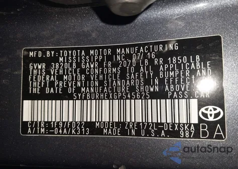 2016 Toyota Corolla S Plus from USA, damaged, VIN 5YFBURHEXGP545625